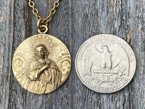 Antique Gold Rare Assumption of Mary Medal & Necklace, French Antique Replica, Mary with Star Halo, Gorgeous Depth, Cable Chain, France Gift