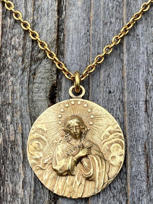 Antique Gold Rare Assumption of Mary Medal & Necklace, French Antique Replica, Mary with Star Halo, Gorgeous Depth, Cable Chain, France Gift