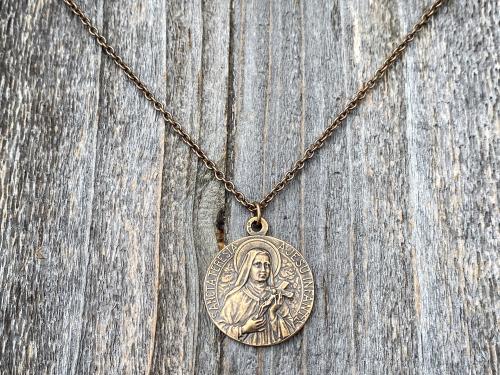 Bronze Rare St Thérèse of Lisieux Medal & Necklace, French Antique Replica, Sancta Teresia, St Theresa of the Child Jesus, The Little Flower