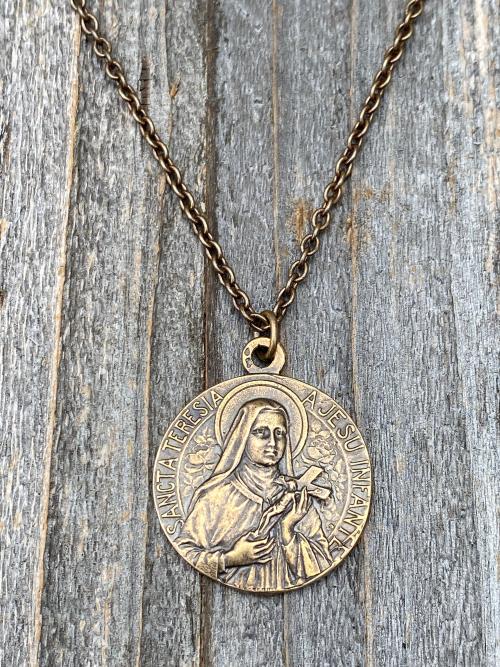 Bronze Rare St Thérèse of Lisieux Medal & Necklace, French Antique Replica, Sancta Teresia, St Theresa of the Child Jesus, The Little Flower