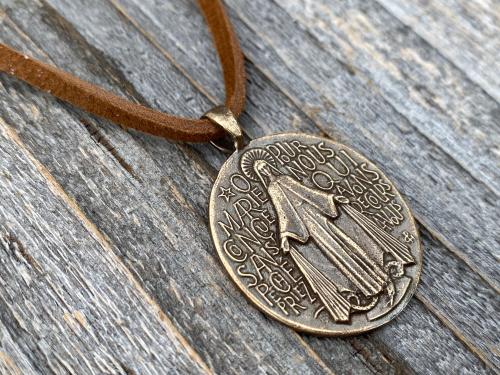 Bronze Miraculous Medal Pendant on Adjustable Length Suede Lace Necklace, French Antique Replica, Blessed Virgin Mary Medal, Slider Bead MM1