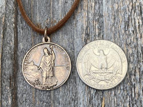 Bronze St Patrick Medal and Suede Necklace, Rare, Antique Replica, Saint Patrick, Irish Catholic Gift, Patron Saint of Engineers, Ireland