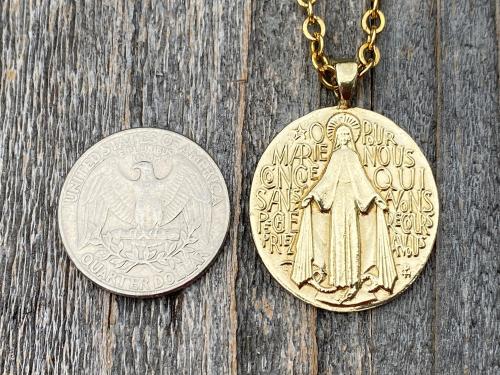 Gold Big French Miraculous Medal, Antique Replica, Pendant Necklace, O Mary Conceived Without Sin Pray for Us Who Have Recourse to Thee, MM1