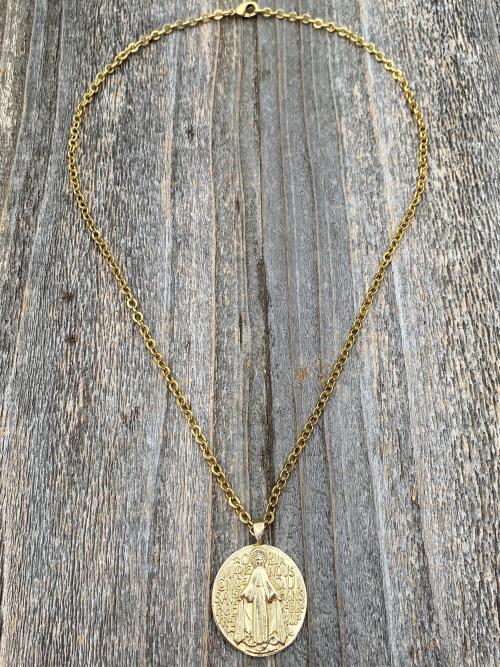 Gold Big French Miraculous Medal, Antique Replica, Pendant Necklace, O Mary Conceived Without Sin Pray for Us Who Have Recourse to Thee, MM1