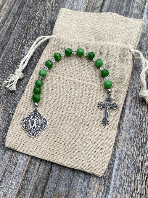 Sterling Silver St. Raphael the Archangel Chaplet with Green Maw Sit Sit Gemstones (Angel of Healing) Saint Illness, Patron Saint of Healing