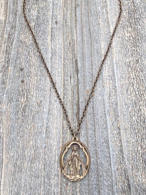 Bronze Large Openwork Miraculous Medal Pendant Necklace, Antique Replica, Rare unusual Antique, Blessed Virgin Mary, Mother Mary, Our Lady