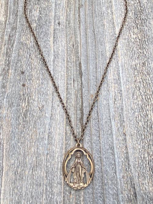 Bronze Large Openwork Miraculous Medal Pendant Necklace, Antique Replica, Rare unusual Antique, Blessed Virgin Mary, Mother Mary, Our Lady