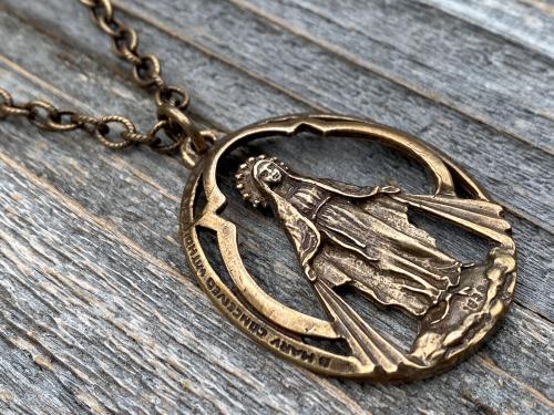 Bronze Large Openwork Miraculous Medal Pendant Necklace, Antique Replica, Rare unusual Antique, Blessed Virgin Mary, Mother Mary, Our Lady