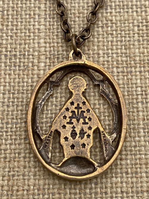 Bronze Large Openwork Miraculous Medal Pendant Necklace, Antique Replica, Rare unusual Antique, Blessed Virgin Mary, Mother Mary, Our Lady