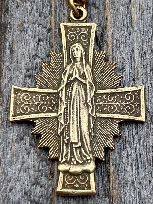 Antique Gold Radiant Mary Medal, Antique Replica, Pendant Necklace, Radiant Cross, Our Lady of Lourdes, Blessed Virgin Mary Pendant Necklace