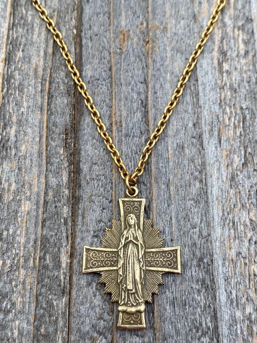 Antique Gold Radiant Mary Medal, Antique Replica, Pendant Necklace, Radiant Cross, Our Lady of Lourdes, Blessed Virgin Mary Pendant Necklace