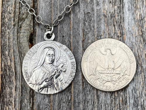 Sterling Silver Rare St Thérèse of Lisieux Medal Necklace, French Antique Replica Sancta Teresia St Theresa of the Child Jesus Little Flower