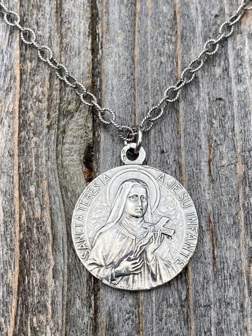 Sterling Silver Rare St Thérèse of Lisieux Medal Necklace, French Antique Replica Sancta Teresia St Theresa of the Child Jesus Little Flower