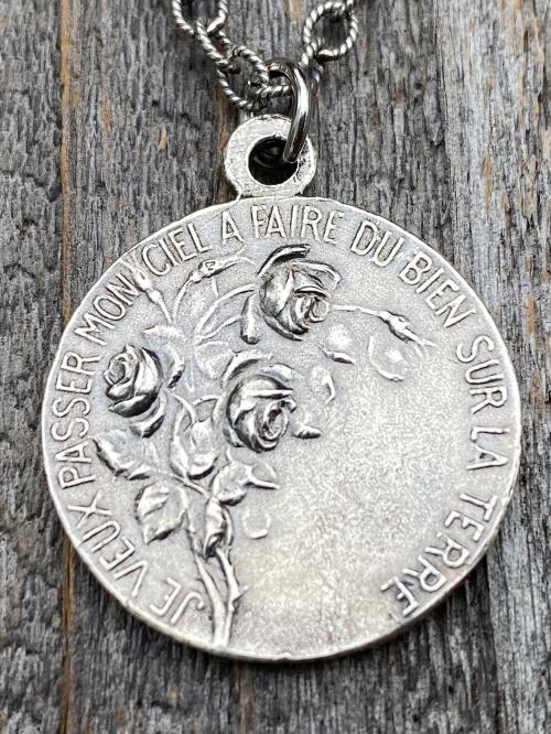 Sterling Silver Rare St Thérèse of Lisieux Medal Necklace, French Antique Replica Sancta Teresia St Theresa of the Child Jesus Little Flower