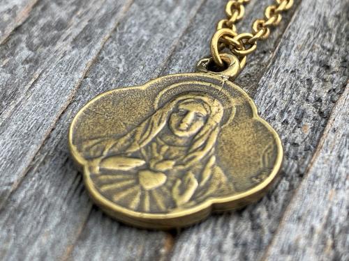 Antique Gold Immaculate Heart of Mary, French Antique Replica, Medal Pendant & Necklace, Heart of Virgin Mary, Scalloped Rare Mary Medal