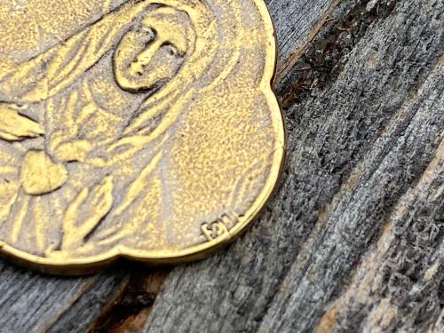 Antique Gold Immaculate Heart of Mary, French Antique Replica, Medal Pendant & Necklace, Heart of Virgin Mary, Scalloped Rare Mary Medal