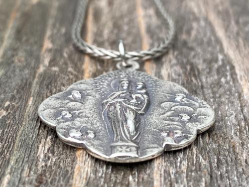 Sterling Silver Mary, Queen of Angels Pendant Necklace, Antique Replica, Our Lady Queen of Heaven, Blessed Virgin Mary Pendant and Necklace