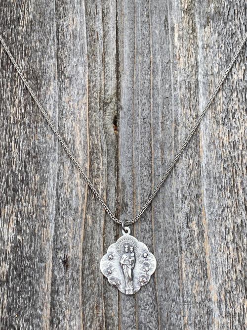 Sterling Silver Mary, Queen of Angels Pendant Necklace, Antique Replica, Our Lady Queen of Heaven, Blessed Virgin Mary Pendant and Necklace