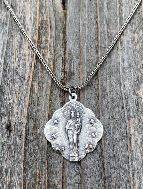 Sterling Silver Mary, Queen of Angels Pendant Necklace, Antique Replica, Our Lady Queen of Heaven, Blessed Virgin Mary Pendant and Necklace