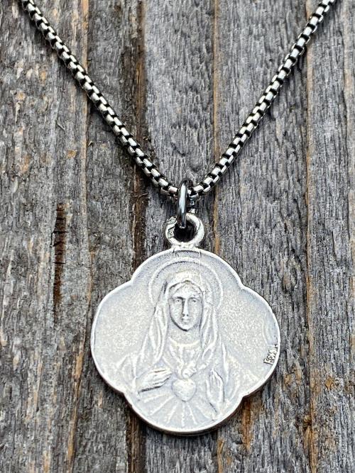 Sterling Silver Immaculate Heart of Mary, French Antique Replica, Medal Pendant & Necklace, Heart of Virgin Mary, Scalloped Rare Mary Medal