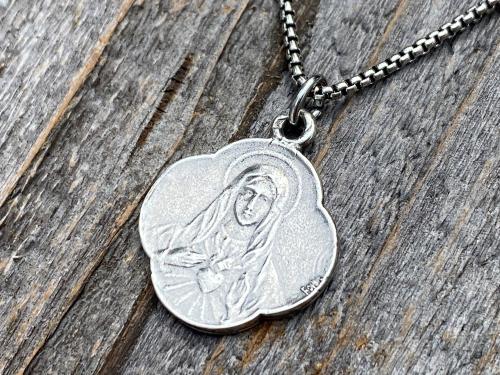 Sterling Silver Immaculate Heart of Mary, French Antique Replica, Medal Pendant & Necklace, Heart of Virgin Mary, Scalloped Rare Mary Medal