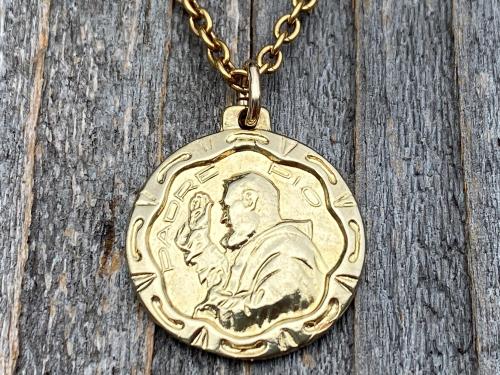 Gold Saint Padre Pio Antique Replica Medal Pendant Necklace, Saint Pius of Pietrelcina Charm, Stigmatized Priest, Pray Hope & Don't Worry