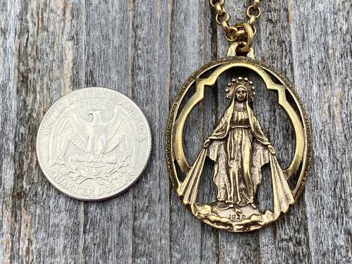 Antique Gold Large Openwork Miraculous Medal Pendant Necklace, Antique Replica, Rare unusual Antique, Blessed Virgin Mary, Our Lady Miracles