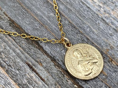 Gold St Gerard Majella Medal, Necklace, French artist Penin, Antique Replica, Patron Saint of Expectant Mothers, Patron Saint of Fertility