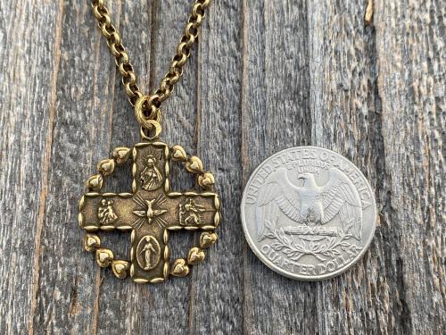 Antique Gold 5-Way Cross Medal, Antique Replica, Pendant Necklace, 4-Way Catholic Medal, Border of Hearts, Holy Spirit Dove Center, Unusual