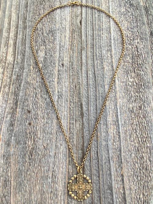 Antique Gold 5-Way Cross Medal, Antique Replica, Pendant Necklace, 4-Way Catholic Medal, Border of Hearts, Holy Spirit Dove Center, Unusual