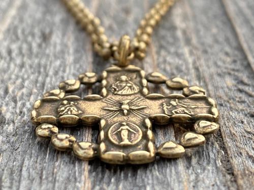 Antique Gold 5-Way Cross Medal, Antique Replica, Pendant Necklace, 4-Way Catholic Medal, Border of Hearts, Holy Spirit Dove Center, Unusual