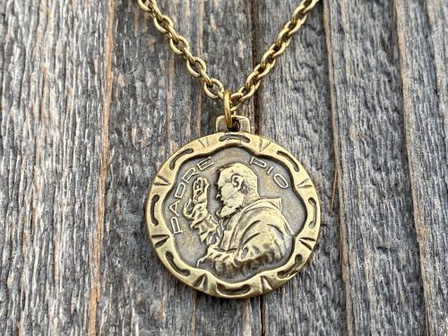 Antique Gold Saint Padre Pio Antique Replica Medal Pendant Necklace, Saint Pius of Pietrelcina, Stigmatized Priest, Healing, Stigmata, Rare