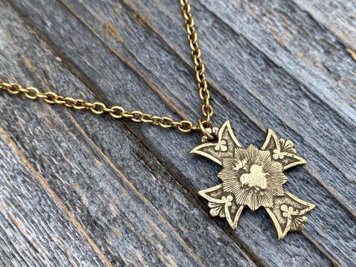 Antique Gold Sacred Heart Cross Pendant and Necklace, Antique Replica, Sacred Heart of Jesus, Bestseller, Devotion to His Sacred Heart