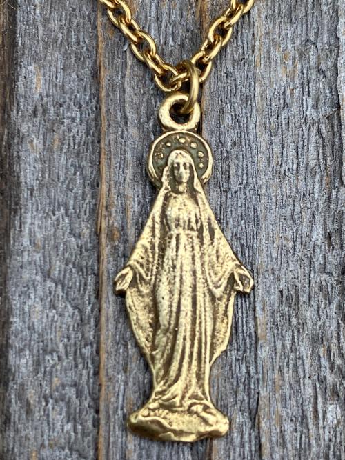 Antique Gold Figural Mary Miraculous Medal (Antique Replica) Pendant Necklace, Blessed Virgin Mary, Our Lady of Lourdes, Our Lady of Grace