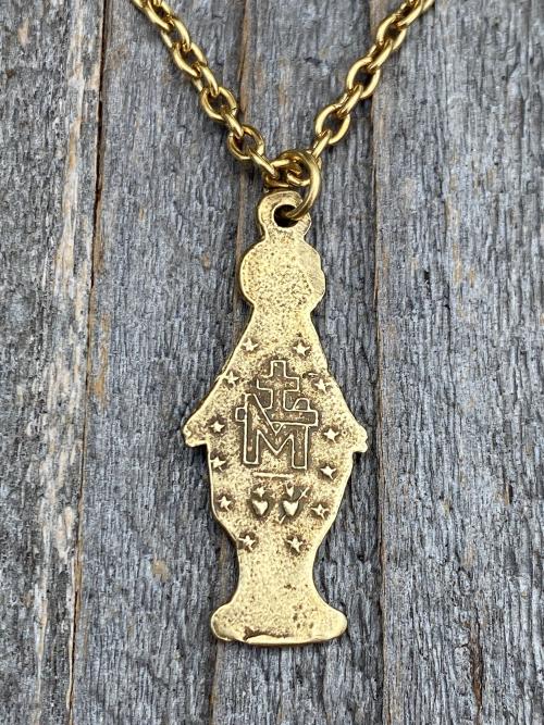 Antique Gold Figural Mary Miraculous Medal (Antique Replica) Pendant Necklace, Blessed Virgin Mary, Our Lady of Lourdes, Our Lady of Grace