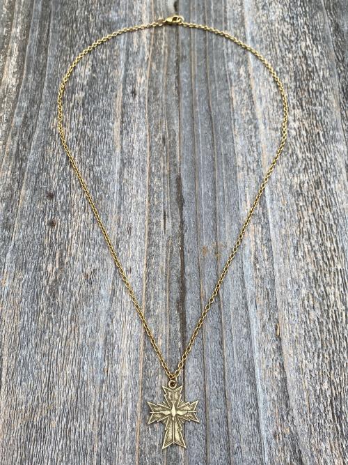 Antique Gold Holy Spirit Cross Pendant, Antique Replica, Chain Necklace, Oh Holy Ghost Protect Me, Holy Spirit Dove in center of cross