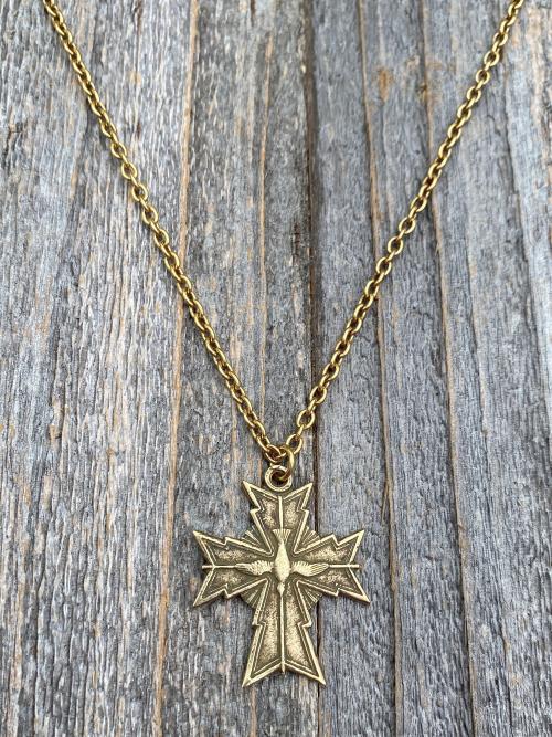 Antique Gold Holy Spirit Cross Pendant, Antique Replica, Chain Necklace, Oh Holy Ghost Protect Me, Holy Spirit Dove in center of cross