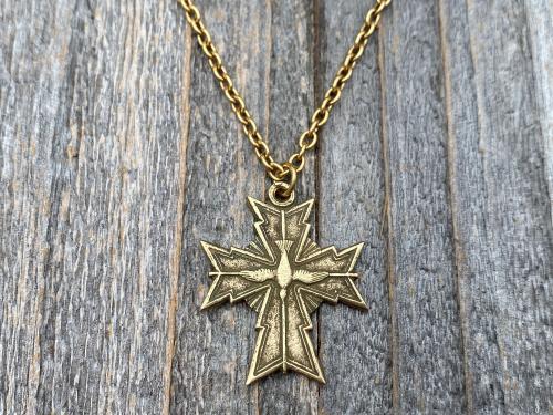 Antique Gold Holy Spirit Cross Pendant, Antique Replica, Chain Necklace, Oh Holy Ghost Protect Me, Holy Spirit Dove in center of cross