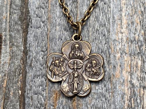 Bronze Shamrock 4-Way Medal Pendant Necklace, Antique Replica, Miraculous Medal, Holy Spirit Dove, Sacred Heart of Jesus, St Christopher