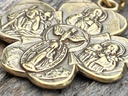 Antique Gold Shamrock 4-Way Medal Pendant Necklace, Antique Replica, Miraculous Medal, Holy Spirit Dove, Sacred Heart of Jesus, St Joseph