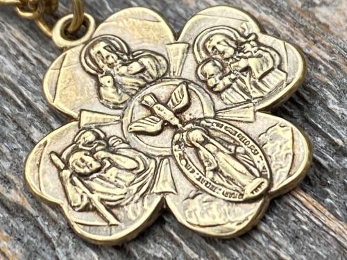 Antique Gold Shamrock 4-Way Medal Pendant Necklace, Antique Replica, Miraculous Medal, Holy Spirit Dove, Sacred Heart of Jesus, St Joseph