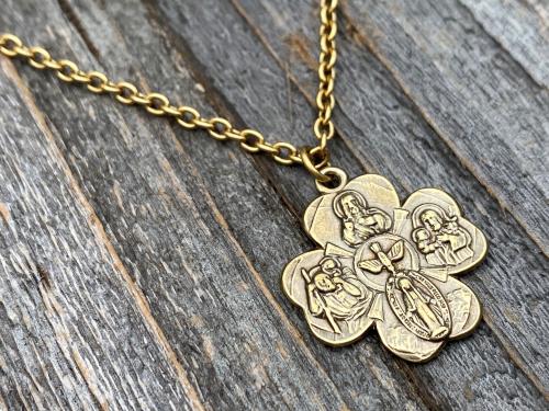 Antique Gold Shamrock 4-Way Medal Pendant Necklace, Antique Replica, Miraculous Medal, Holy Spirit Dove, Sacred Heart of Jesus, St Joseph