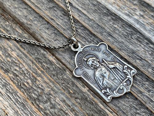 Sterling Silver Rare St Jude Thaddeus Medal Pendant Necklace, Antique Replica, Patron Saint of Desperate Causes, Patron Saint of Hope, Help