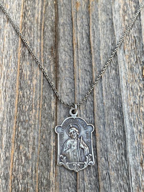 Sterling Silver Rare St Jude Thaddeus Medal Pendant Necklace, Antique Replica, Patron Saint of Desperate Causes, Patron Saint of Hope, Help