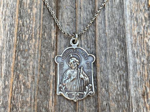 Sterling Silver Rare St Jude Thaddeus Medal Pendant Necklace, Antique Replica, Patron Saint of Desperate Causes, Patron Saint of Hope, Help