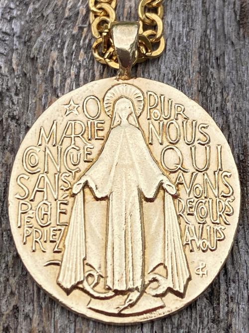 Gold Big French Miraculous Medal, Antique Replica, Pendant Necklace, O Mary Conceived Without Sin Pray for Us Who Have Recourse to Thee, MM1