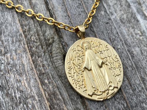 Gold Big French Miraculous Medal, Antique Replica, Pendant Necklace, O Mary Conceived Without Sin Pray for Us Who Have Recourse to Thee, MM1