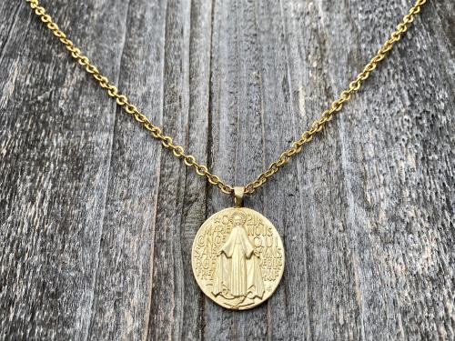 Gold Big French Miraculous Medal, Antique Replica, Pendant Necklace, O Mary Conceived Without Sin Pray for Us Who Have Recourse to Thee, MM1