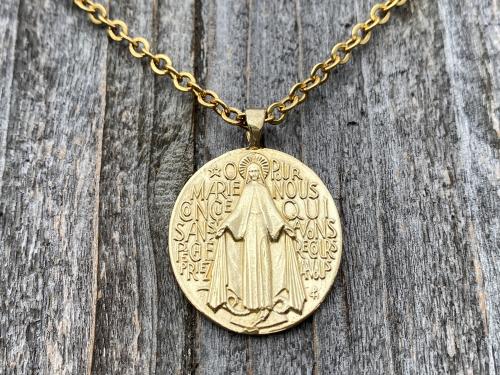 Gold Big French Miraculous Medal, Antique Replica, Pendant Necklace, O Mary Conceived Without Sin Pray for Us Who Have Recourse to Thee, MM1