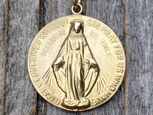 Gold 3/4" Round Miraculous Medal Pendant Necklace, Antique Replica, O Mary Conceived Without Sin Pray for Us Who Have Recourse to Thee, MM2